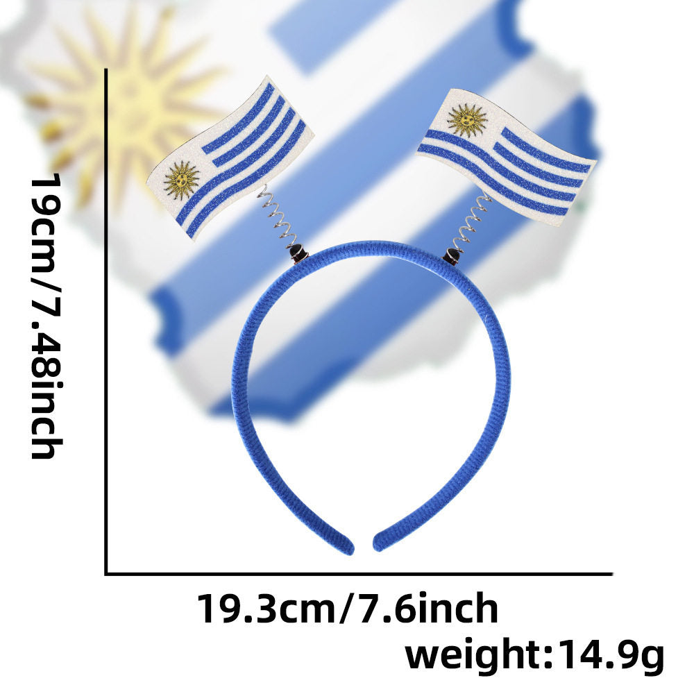 A headband featuring the flags of the world with a distinctive sheen, perfect for football fans.
